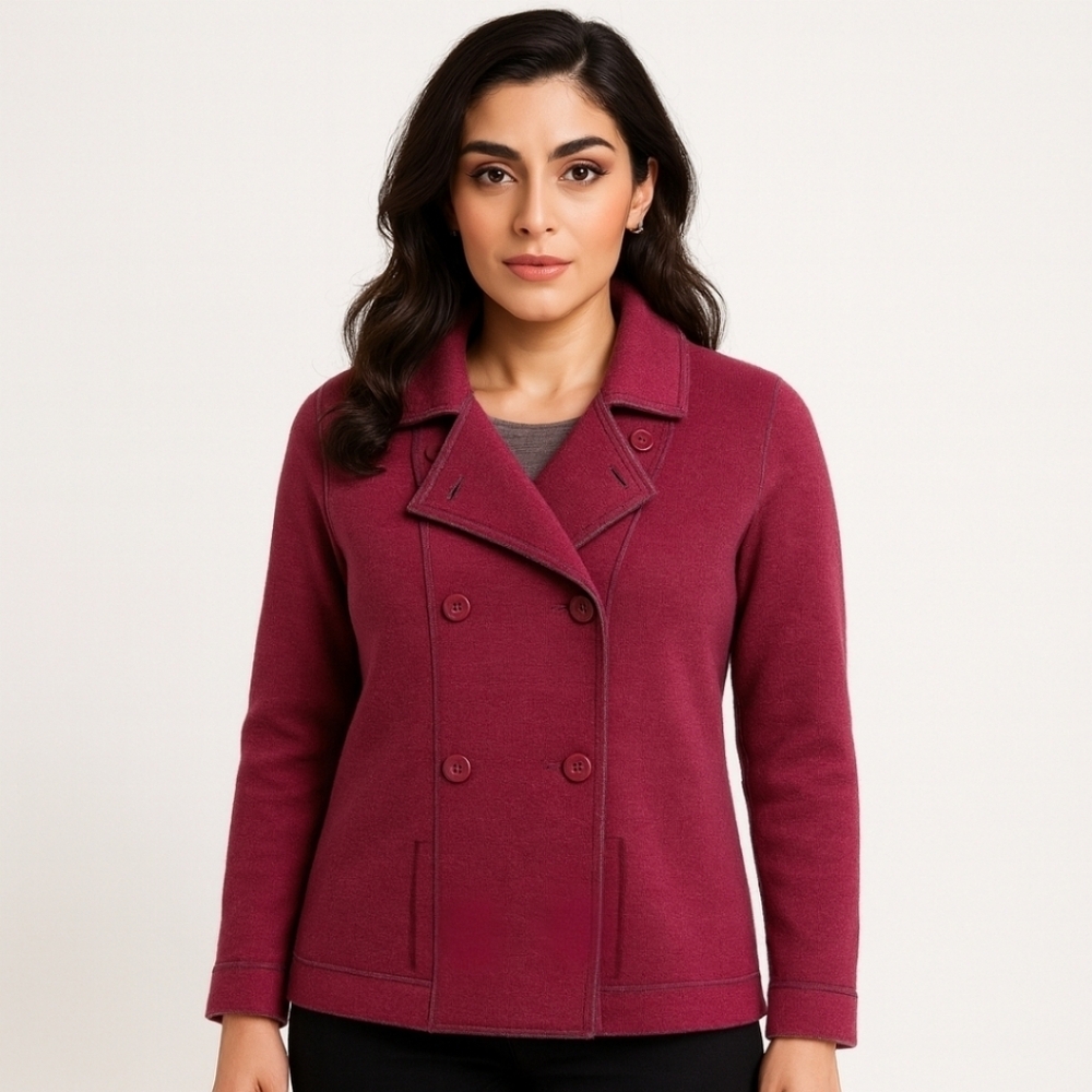 Eileen Fisher Merino Wool Double Breasted Blazer Jacket Raspberry Grey Petite L